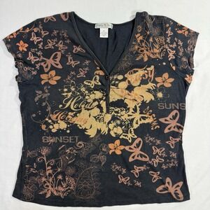 Vintage Suzie Women's Butterfly Floral Graphic Short Sleeve Top Y2K Size XL